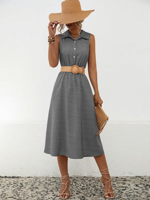 Gray Striped Collared Neck Sleeveless Midi Dress