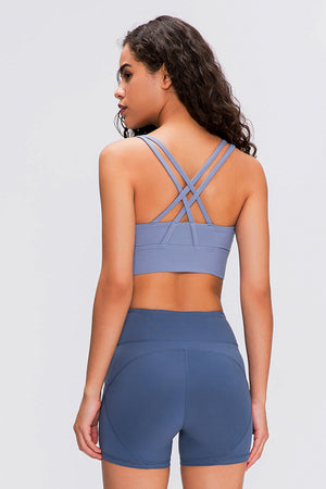 Back of blue Millennia Double X Sports Bra