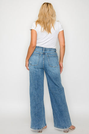 Full back view of bytos Full Size High Rise Wide Leg Jeans with Pockets