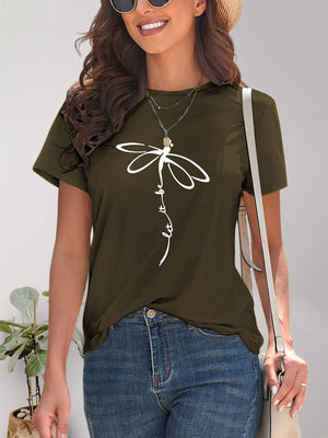Front view of dark green Dragonfly Graphic Round Neck Short Sleeve T-Shirt