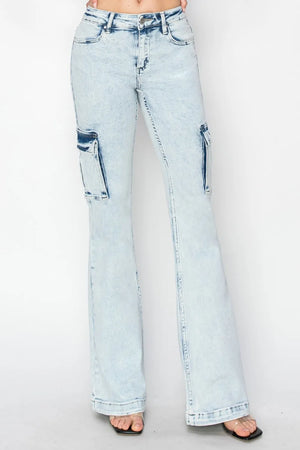 Light blue jeans with a distressed design on a white background