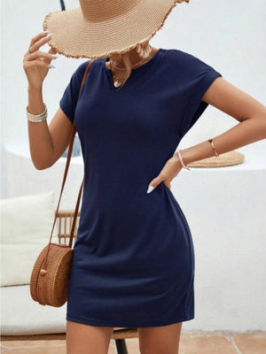 Blue Notched Short Sleeve Mini Tee Dress