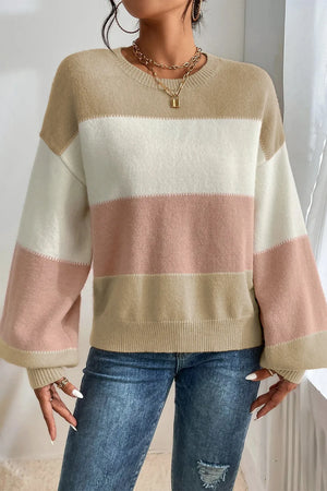 Front view of Color Block Round Neck Lantern Sleeve Sweater