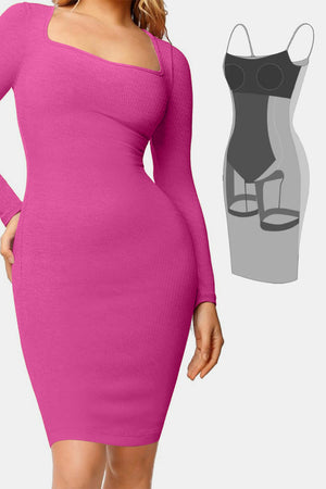 Pink Basic Bae Full Size Built-In Shapewear Square Neck Long Sleeve Dress