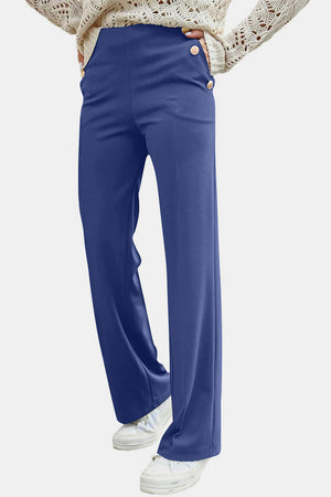 Front view of light blue Decorative Button High Rise Pants