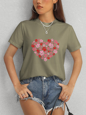 Green Heart Round Neck Short Sleeve T-Shirt