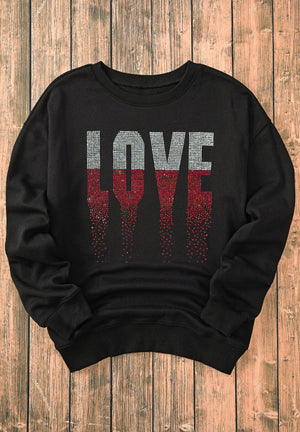 Front view of Rhinestone LOVE Round Neck Long Sleeve Sweatshirt