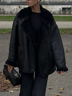 Black Collared Neck Long Sleeve Plush Jacket