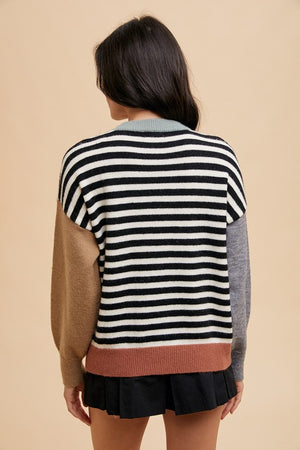 a view of the back of Annie Wear Striped Color Block Round Neck Sweater