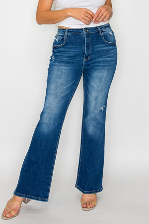 Close up view of plus size bytos Full Size High Rise Bootcut Jeans with Pockets