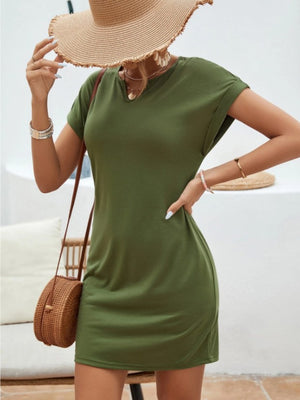 Full view of green Notched Short Sleeve Mini Tee Dress