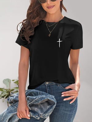 Black Cross Graphic Round Neck T-Shirt