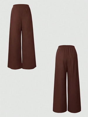 Brown wide-leg pants on a light gray background