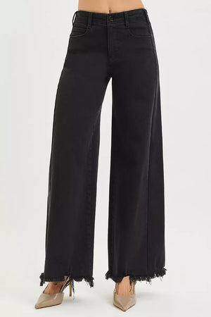 Black wide-leg jeans on a white background