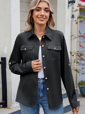 Front view of Solid Color Collared Neck Long Sleeve Shirt