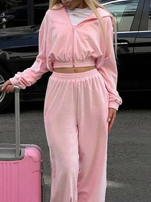 Pink Zip Up Hoodie and Pocketed Pants Set