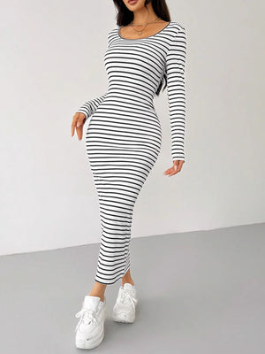 Front view of Striped Scoop Neck Long Sleeve Midi Tee Dress