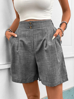 Front view of gray Perfee Frill Shorts with Pockets