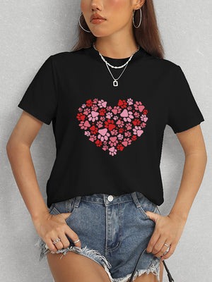 Black Heart Round Neck Short Sleeve T-Shirt