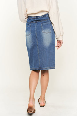 Back view of Denim button down front midi skirt