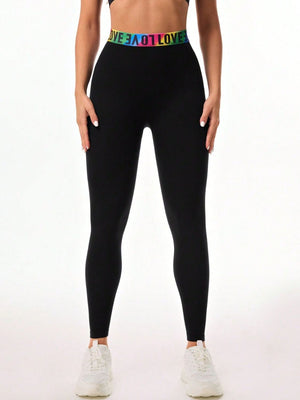 Front view of Letter Printed High Waist Active Leggings
