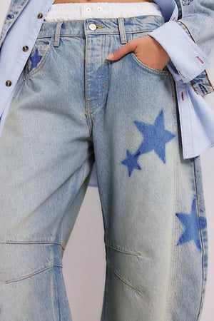 View of front view Contrast Star Wide Leg Jeans