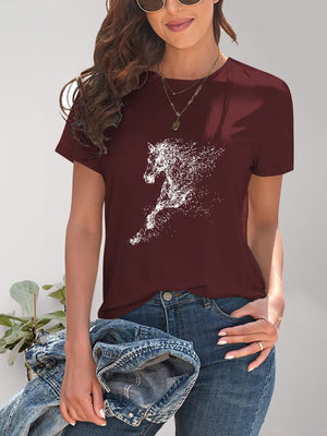 Front view of burgundy Horse Round Neck Short Sleeve T-Shirt
