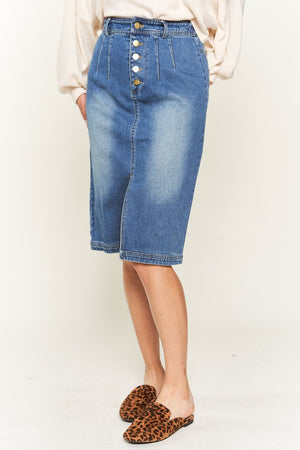 Full view of the Denim button down front midi skirt