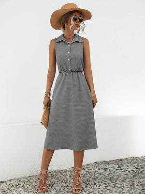 Gray Striped Collared Neck Sleeveless Midi Dress