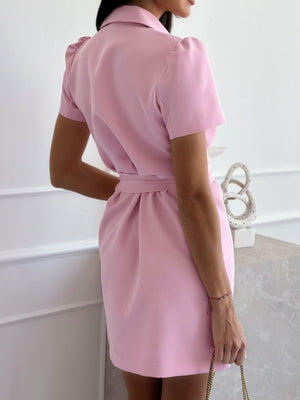 Back view of Light pink Short Sleeve Tie Waist Mini Dress