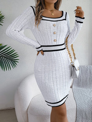 Front view of white Contrast Trim Long Sleeve Sweater Dress