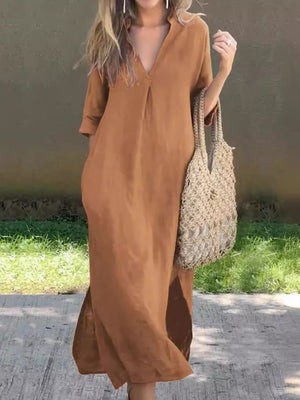 Front view of beige Full Size Notched Half Sleeve Midi Dress