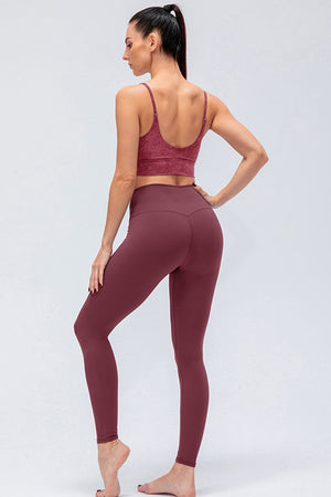 Back view of burgundy Wide Waistband Slim Fit Active Leggings