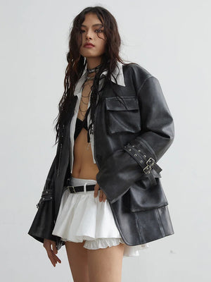 Model showing front of Mauarci Vegan Leather Jacket
