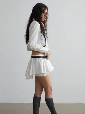 Model showing full view of Faroush Ruffle Mini Skirt