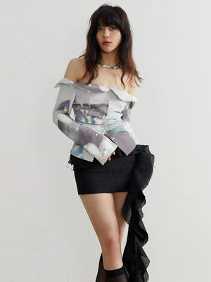 Zoom ni view of black Manello Ruffle Mini Skirt