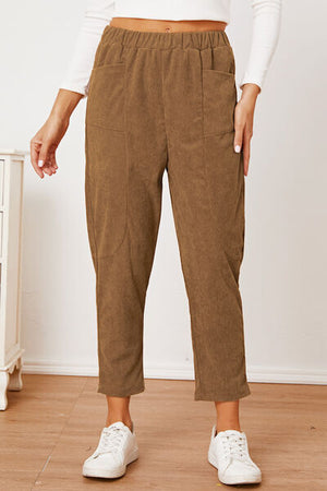 Front view of Pocketed Elastic Waist Pants-brown