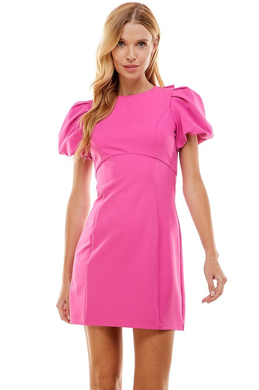Full view of Bubble Sleeve Bow Back Dress-pink