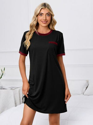 Front view of Contrast Trim Round Neck Mini Dress-black