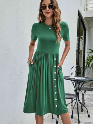 Button Detail Tee Dress with Pockets-green