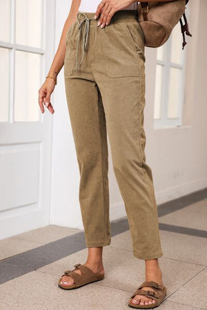 Side view of Drawstring Straight Pants with Pockets-khaki