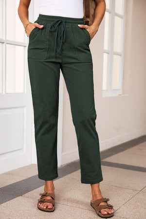Front view of Drawstring Straight Pants with Pockets-black forest
