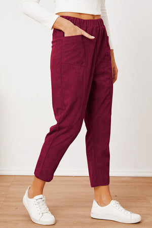 Left side view of Pocketed Elastic Waist Pants-deep rose
