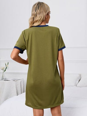 View of the back of Contrast Trim Round Neck Mini Dress-moss