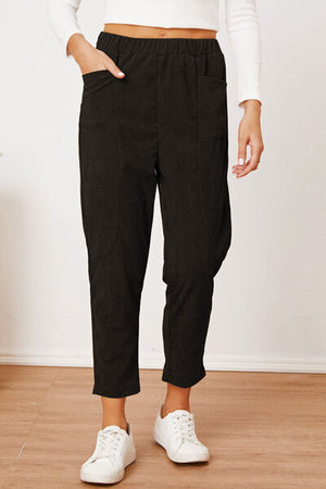 Front view of Pocketed Elastic Waist Pants-black