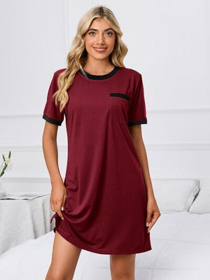 Front view of Contrast Trim Round Neck Mini Dress-wine