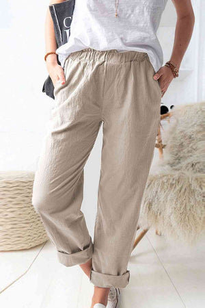 Front view of Paperbag Waist Pull-On Pants with Pockets-khaki