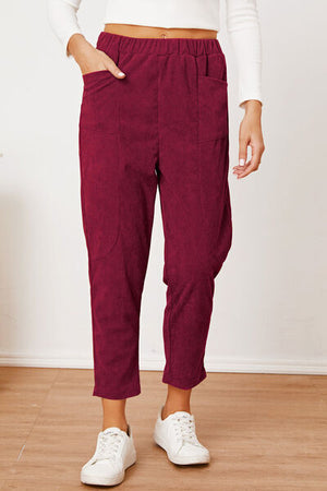 Front view of Pocketed Elastic Waist Pants-deep rose