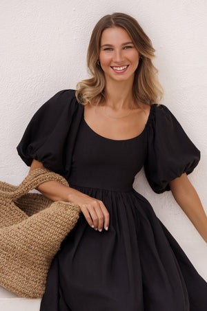 front view of Cherie Puff Sleeve Midi dress-black