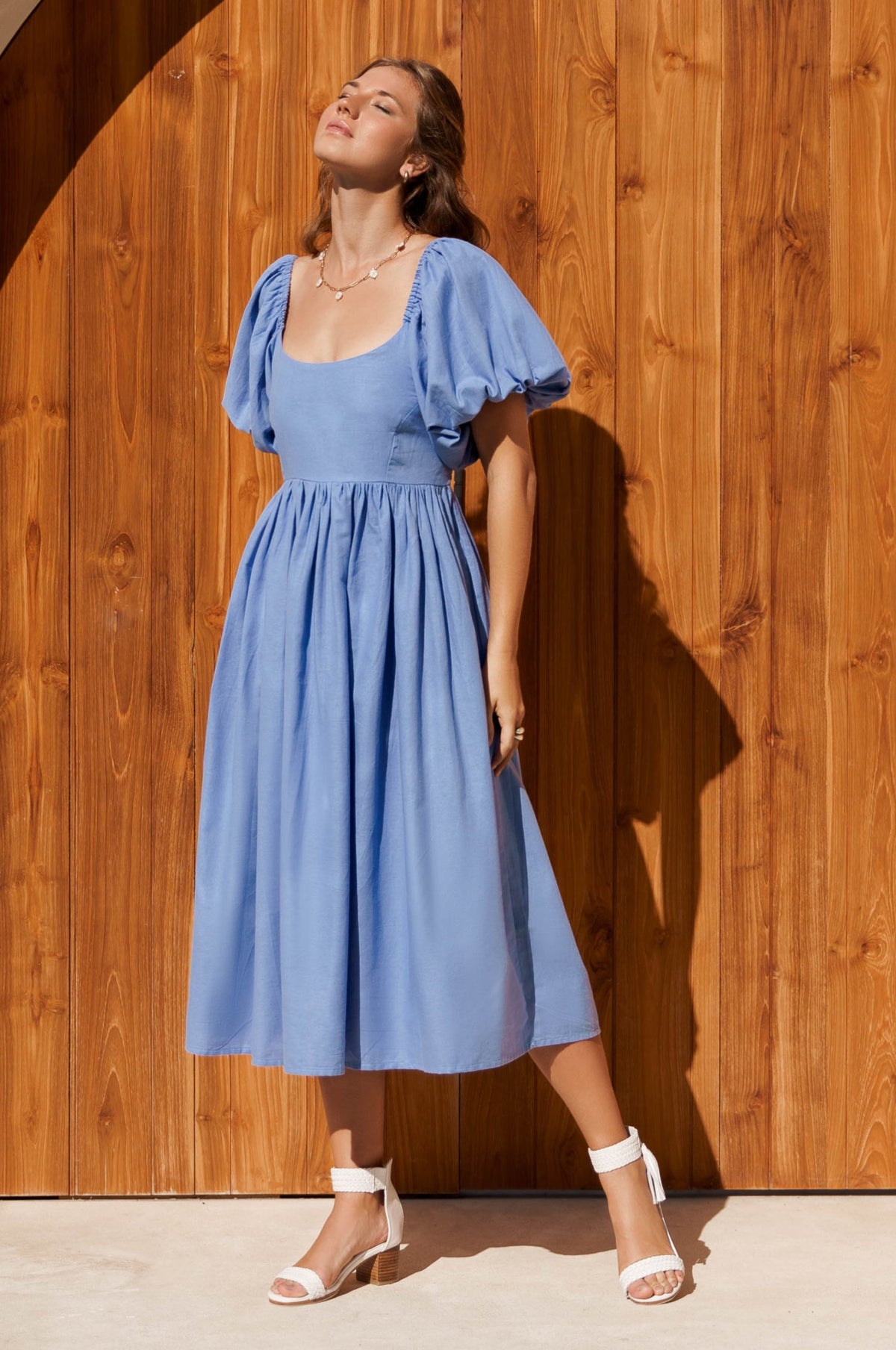 Front view of Cherie Puff Sleeve Midi dress- caribbean blue